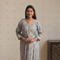 Blue - Sanganeri Block Printed Cotton Long Straight Kurta