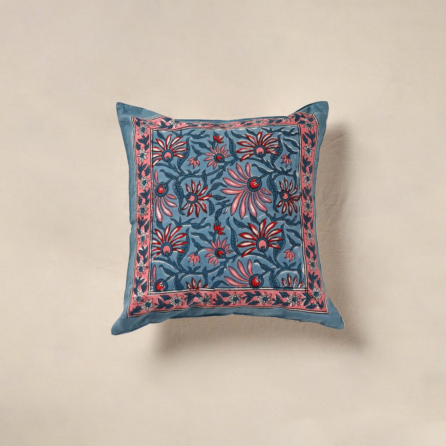 Blue - cotton sanganeri floral cushion cover (16 x 16 in)