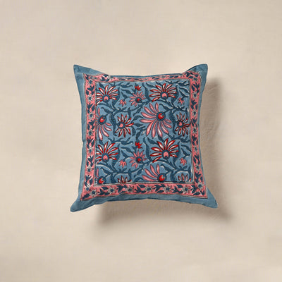 Blue - cotton sanganeri floral cushion cover (16 x 16 in)