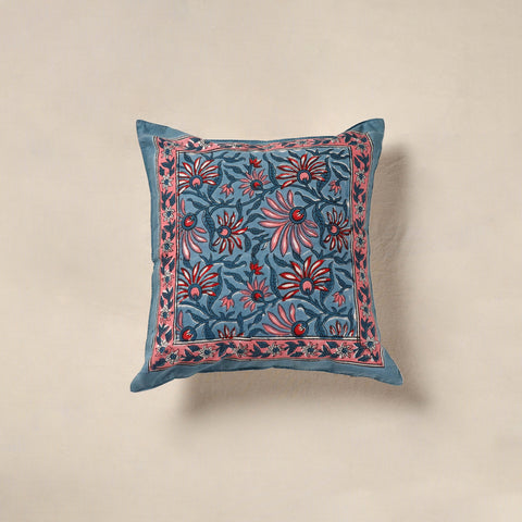 Blue - cotton sanganeri floral cushion cover (16 x 16 in)