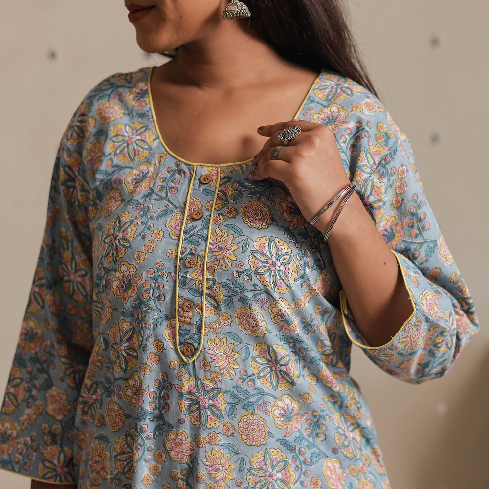 Blue - Sanganeri Block Printed Cotton Long Straight Kurta