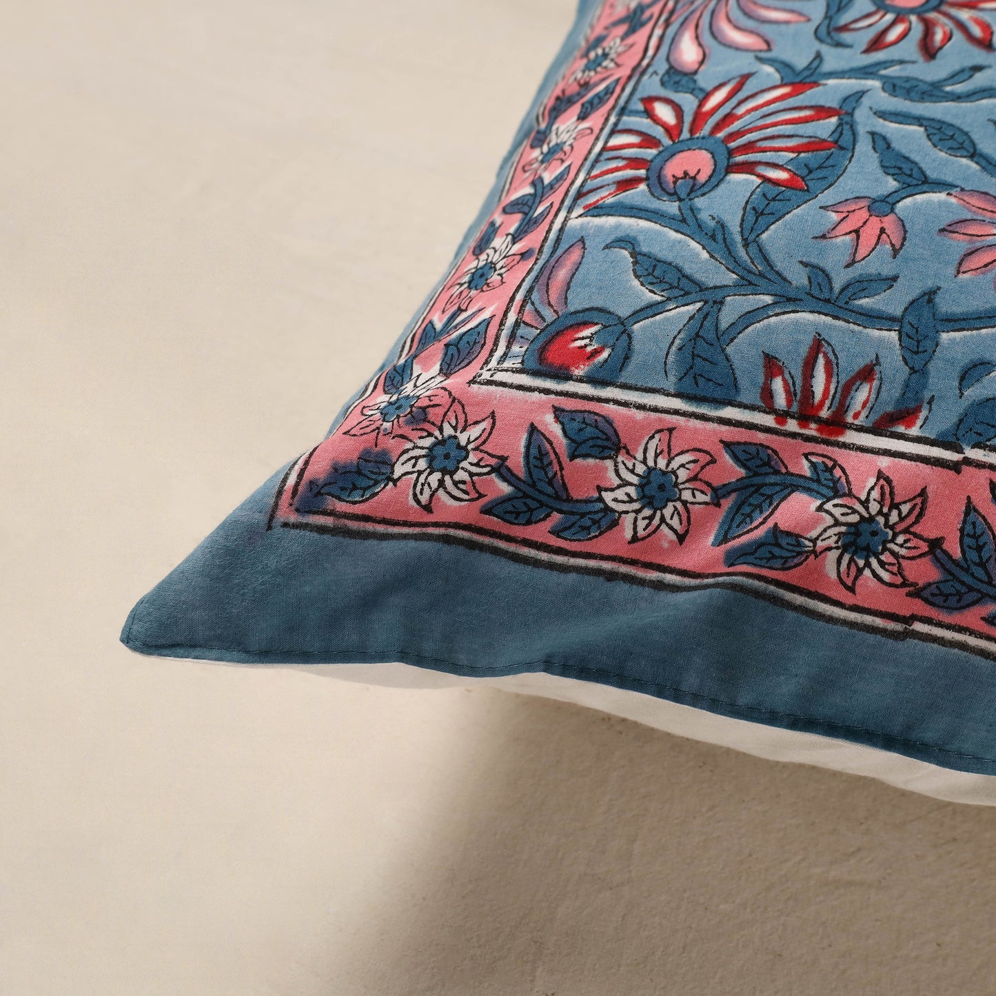 Blue - cotton sanganeri floral cushion cover (16 x 16 in)