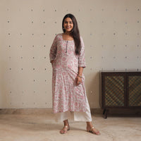 Grey - Sanganeri Block Printed Cotton Long Straight Kurta