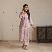 Grey - Sanganeri Block Printed Cotton Long Straight Kurta