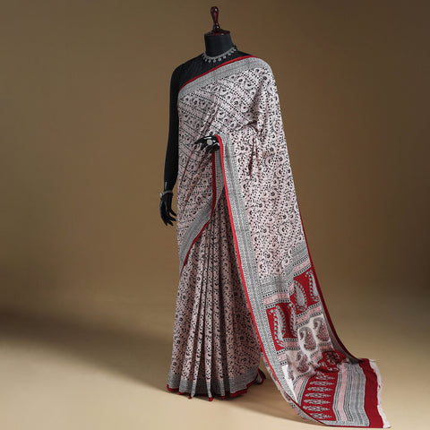 Brown - Block Print Natural Dyed Cotton Bagh Saree 07