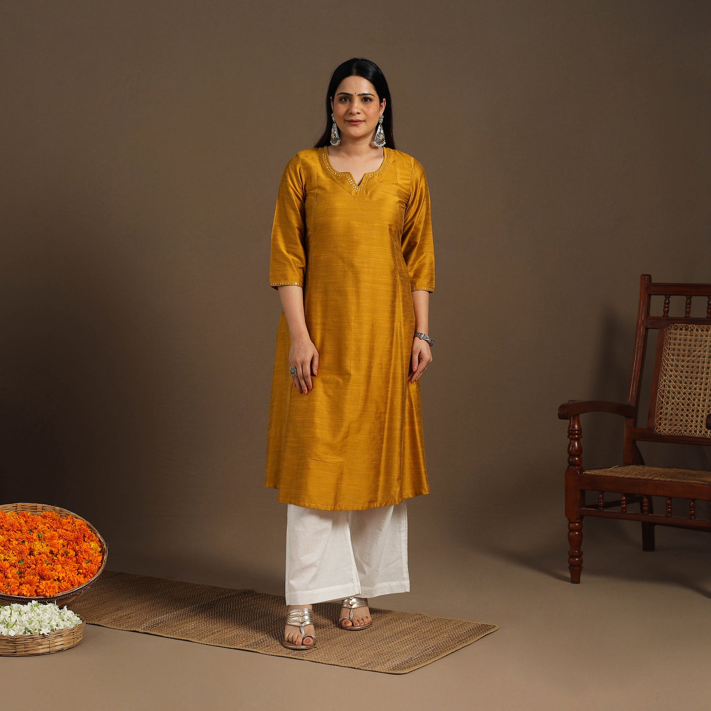 Yellow Slub Silk A-Line Plain Kurta with Hand Embroidery