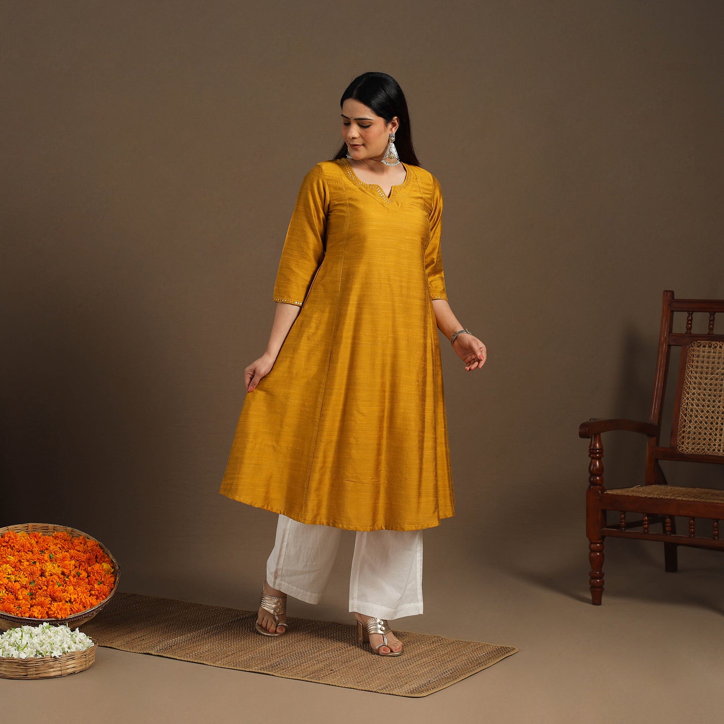 Yellow Slub Silk A-Line Plain Kurta with Hand Embroidery