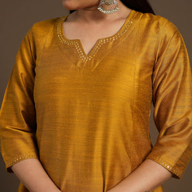 Yellow Slub Silk A-Line Plain Kurta with Hand Embroidery