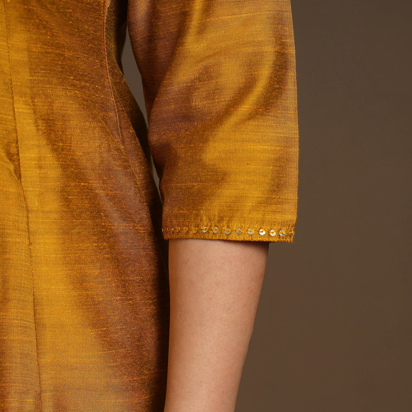 Yellow Slub Silk A-Line Plain Kurta with Hand Embroidery