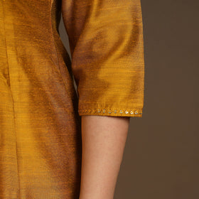 Yellow Slub Silk A-Line Plain Kurta with Hand Embroidery