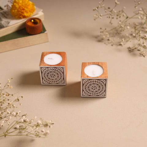 Set of 2 hand carved bakayan wood tealight candle holder 03