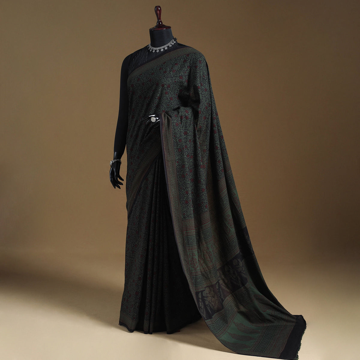 Green Block Print Natural Dyed Cotton Bagh Saree