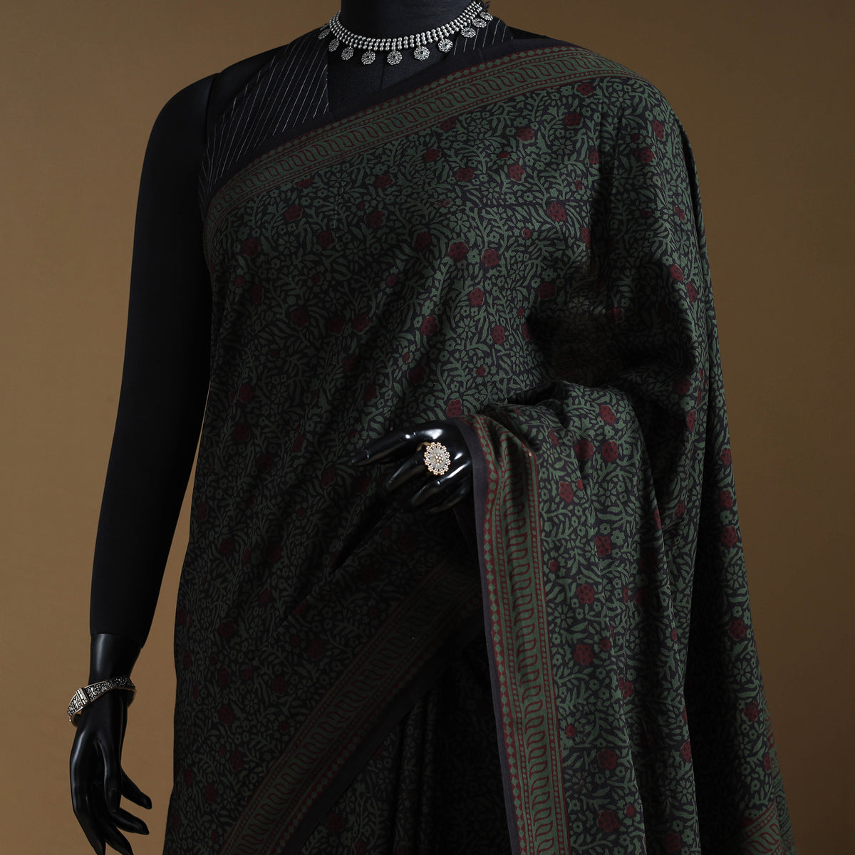 Green Block Print Natural Dyed Cotton Bagh Saree