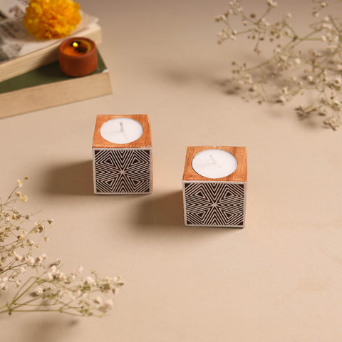 Set of 2 hand carved bakayan wood tealight candle holder 09