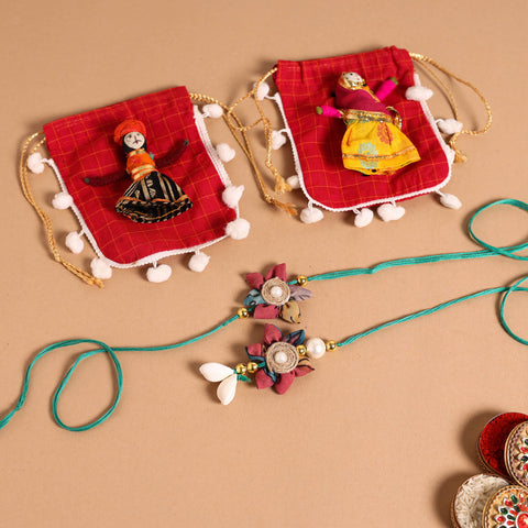  Handmade Fabric Flower Jute Rakhi & Lumba Set 