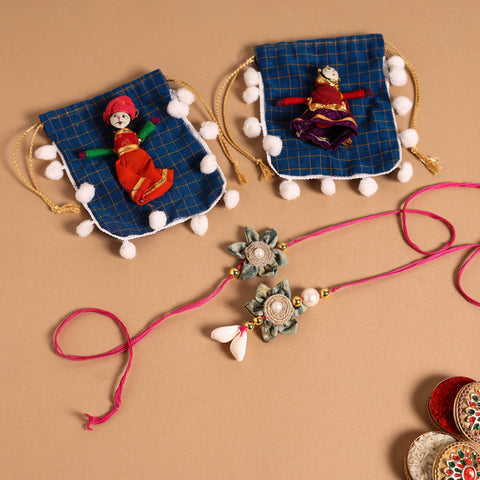  Handmade Fabric Flower Jute Rakhi & Lumba Set 