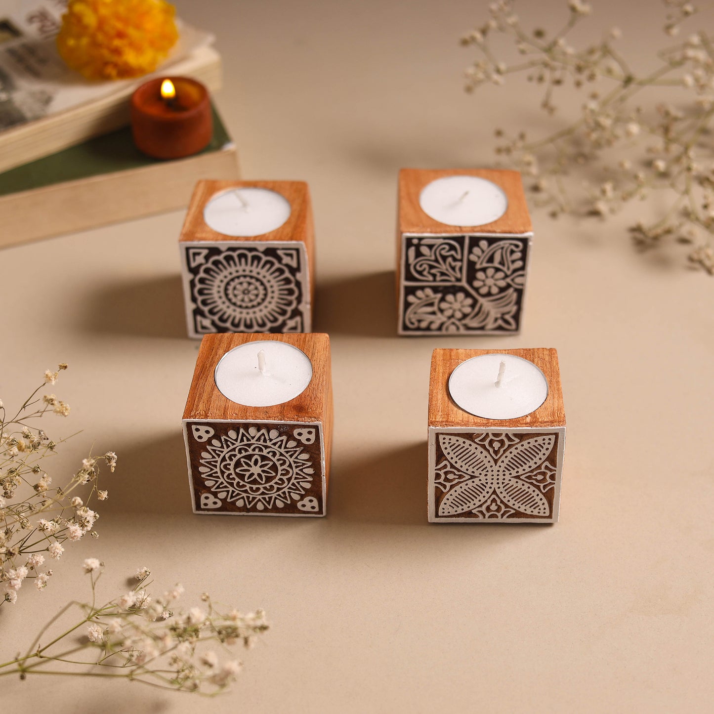 Set of 4 hand carved bakayan wood tealight candle holder 16