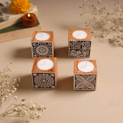Set of 4 hand carved bakayan wood tealight candle holder 16
