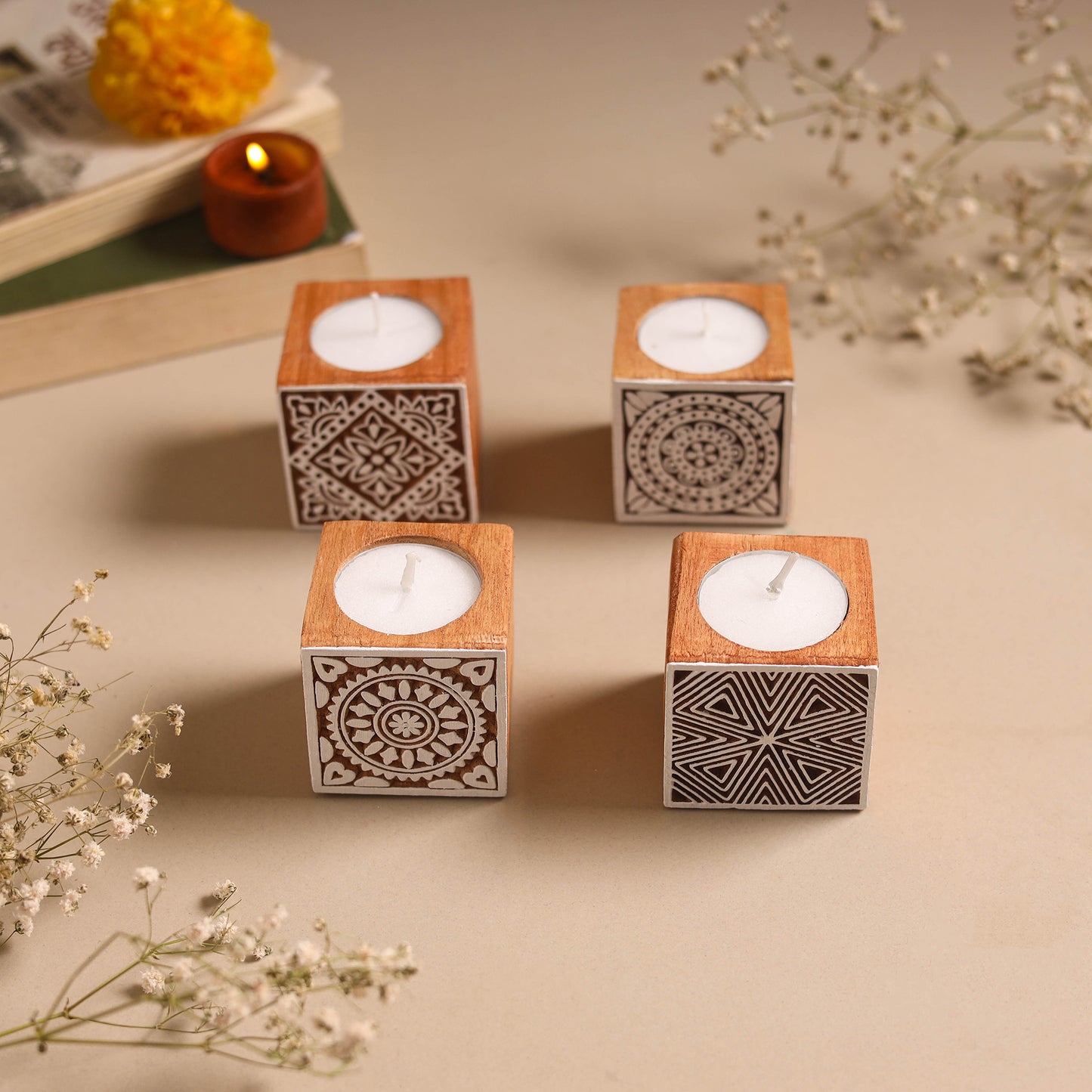 Set of 4 hand carved bakayan wood tealight candle holder 18