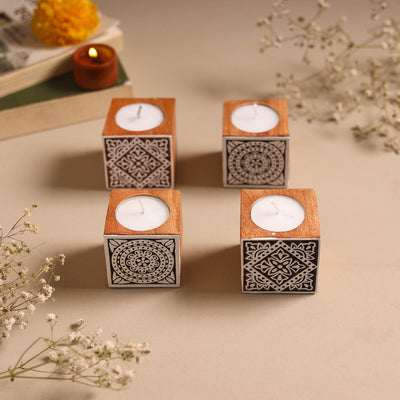 Set of 4 hand carved bakayan wood tealight candle holder 19