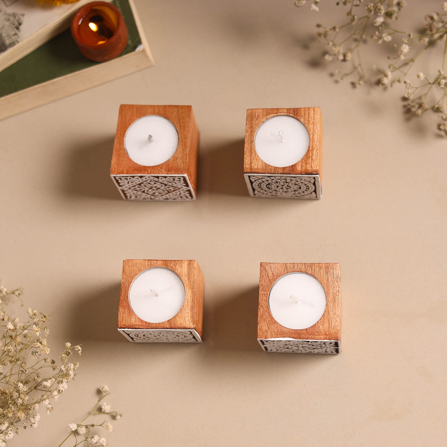 Set of 4 hand carved bakayan wood tealight candle holder 19