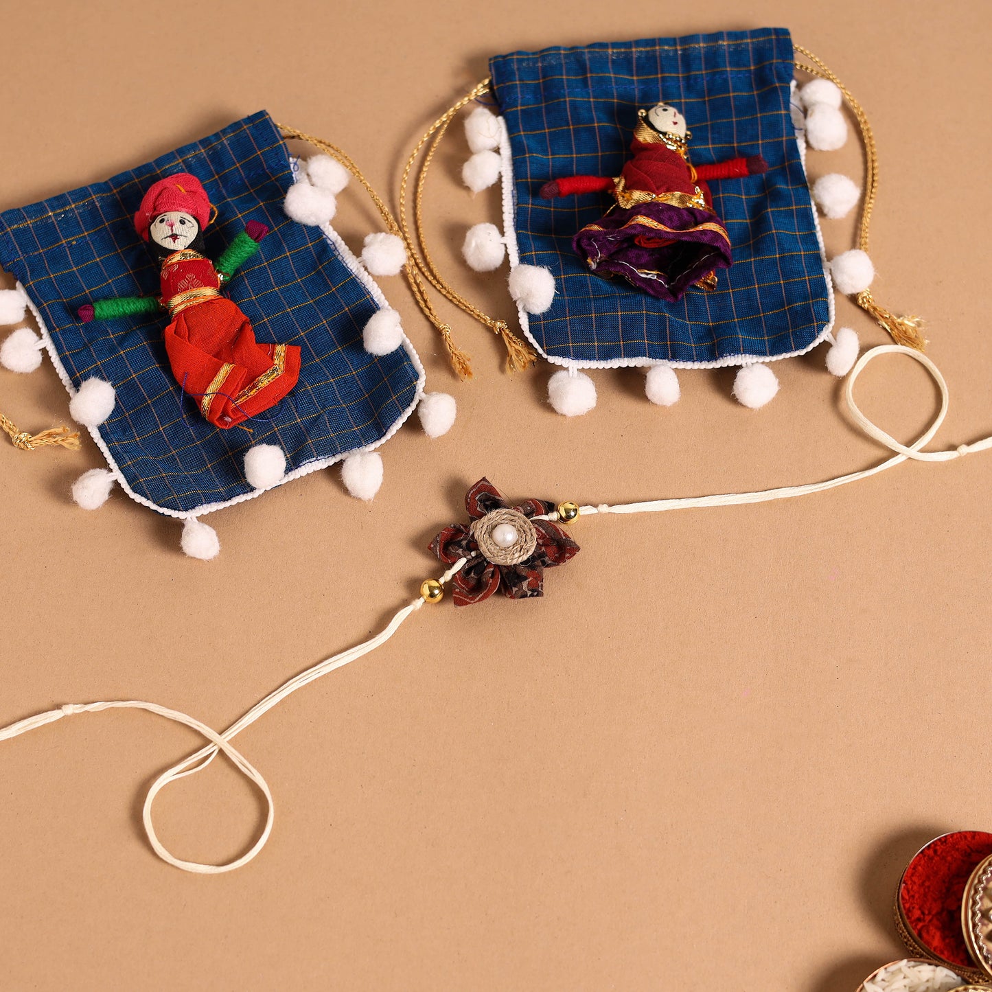  Handmade Fabric Flower Jute Rakhi & Lumba Set 