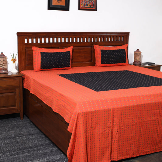 Orange - Jacquard Patchwork Cotton Double Bed Cover with Pillow Covers (107 x 87 in)
