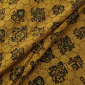 Yellow - Hakoba Hand Block Ajrakh Print Natural Dyed Cotton Fabric 120