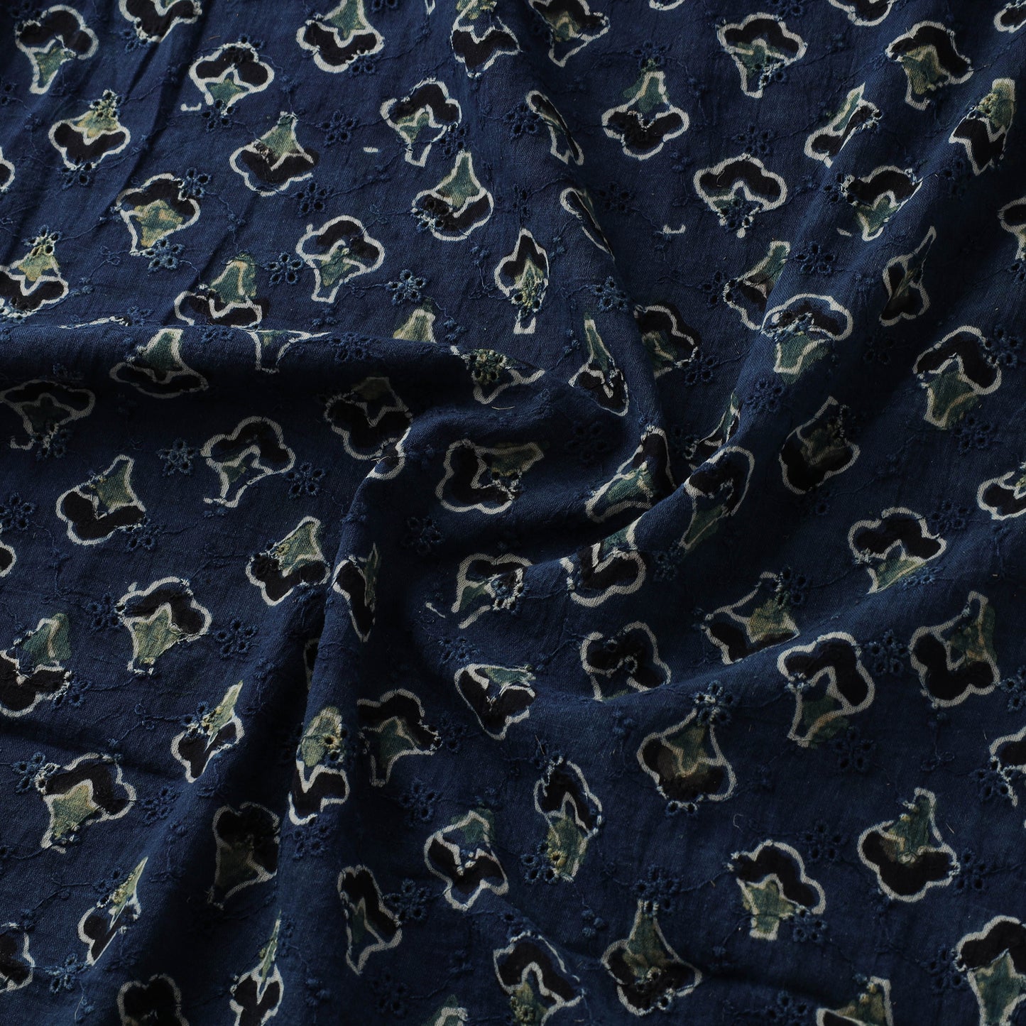 Blue - Hakoba Hand Block Ajrakh Print Natural Dyed Cotton Fabric 130