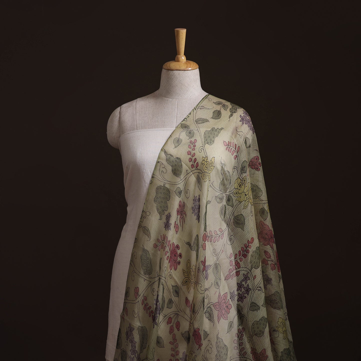 Beige - Srikalahasti Pen Work Natural Dyed Handpainted Kalamkari Kota Doria Silk Fabric 15