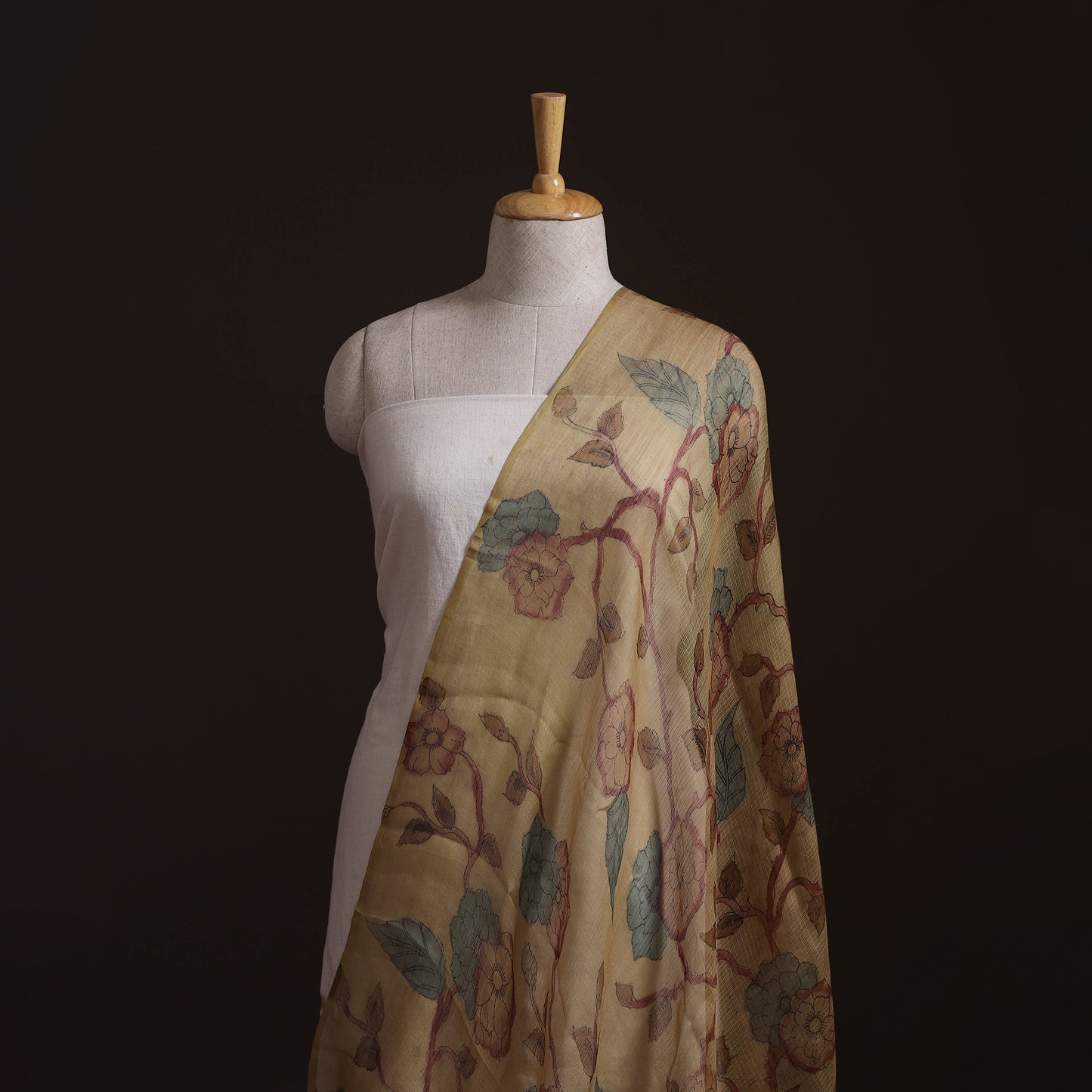 Beige - Srikalahasti Pen Work Natural Dyed Handpainted Kalamkari Kota Doria Silk Fabric 12