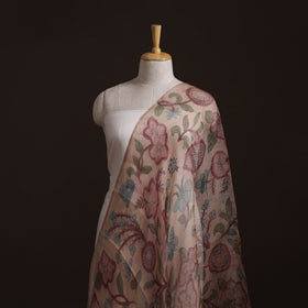Beige - Srikalahasti Pen Work Natural Dyed Handpainted Kalamkari Kota Doria Silk Fabric 13