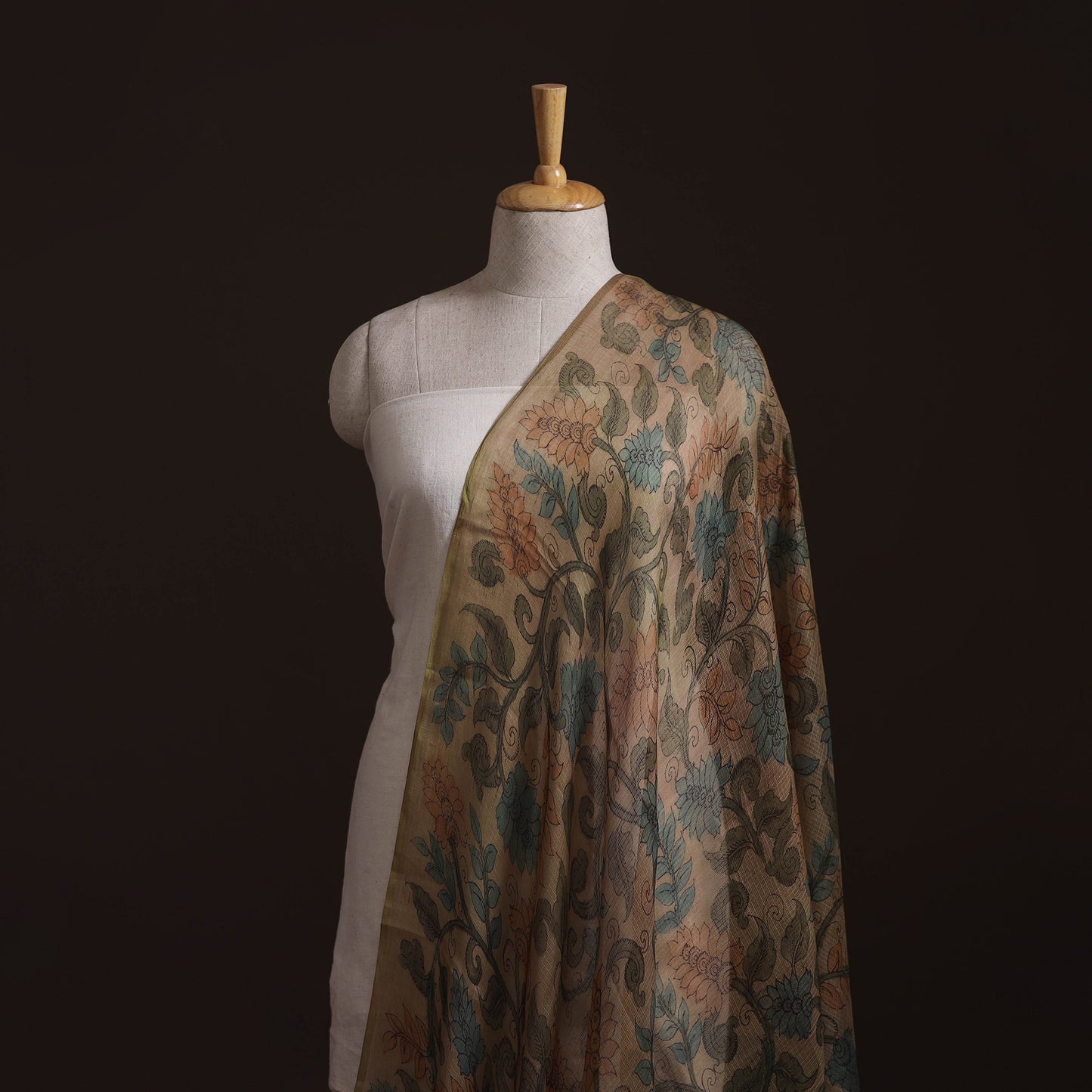 Beige - Srikalahasti Pen Work Natural Dyed Handpainted Kalamkari Kota Doria Silk Fabric 11