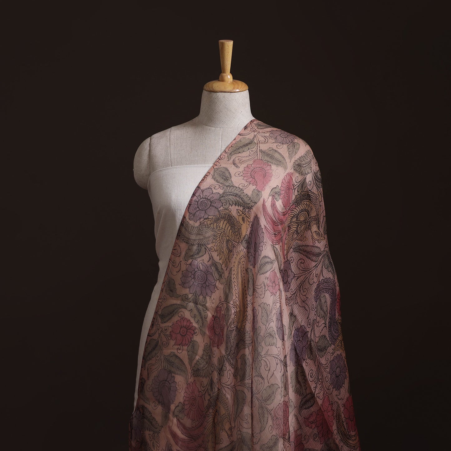 Beige - Srikalahasti Pen Work Natural Dyed Handpainted Kalamkari Kota Doria Silk Fabric 01
