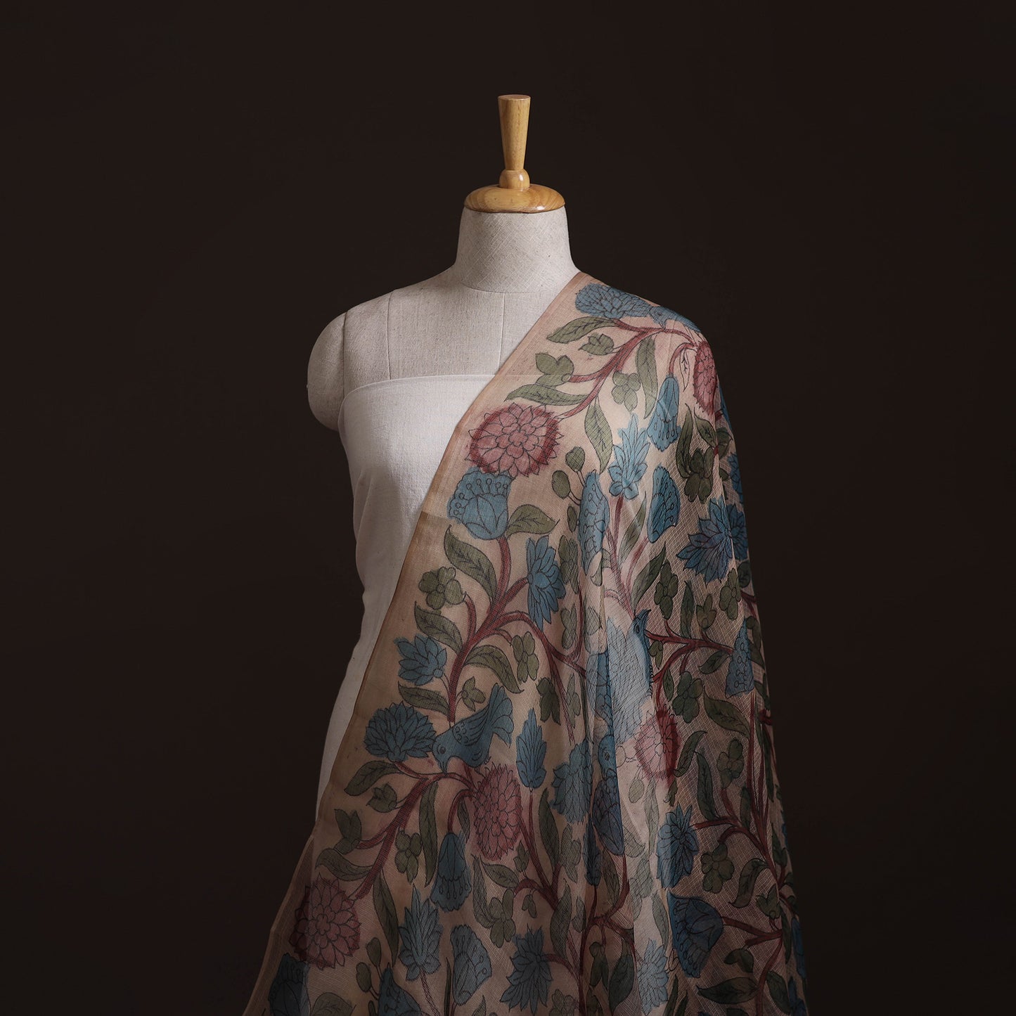 Beige - Srikalahasti Pen Work Natural Dyed Handpainted Kalamkari Kota Doria Silk Fabric 07