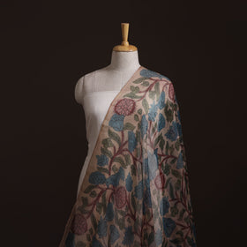 Beige - Srikalahasti Pen Work Natural Dyed Handpainted Kalamkari Kota Doria Silk Fabric 07