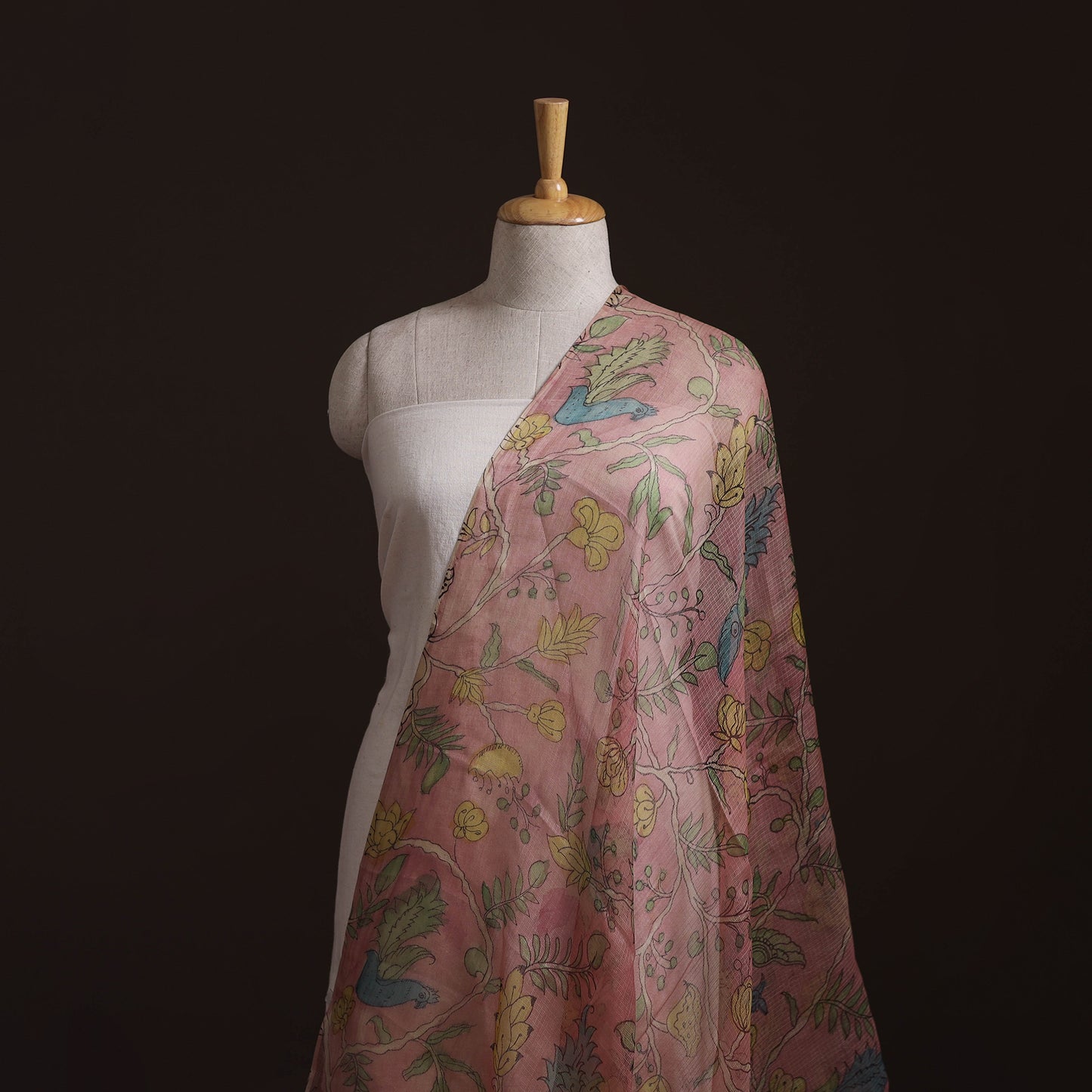 Pink - Srikalahasti Pen Work Natural Dyed Handpainted Kalamkari Kota Doria Silk Fabric 05