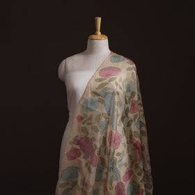 Beige - Srikalahasti Pen Work Natural Dyed Handpainted Kalamkari Kota Doria Silk Fabric 06