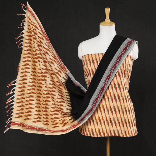 Brown - 3pc Pochampally Ikat Weave Cotton Suit Material Set