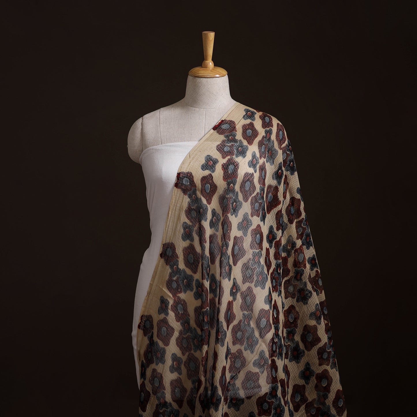 Natural Dyed Ajrakh Hand Block Print Kota Doria Cotton Fabric 02