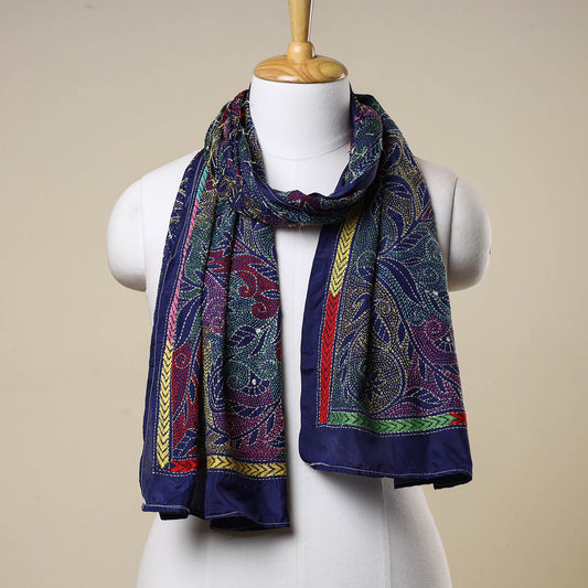 Blue - Bengal Kantha Embroidery Handloom Silk Stole