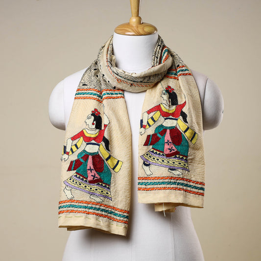 Beige - Bengal Kantha Embroidery Tussar Silk Handloom Stole