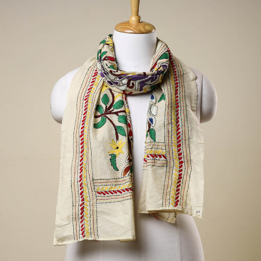 Beige - Bengal Kantha Embroidery Tussar Silk Handloom Stole