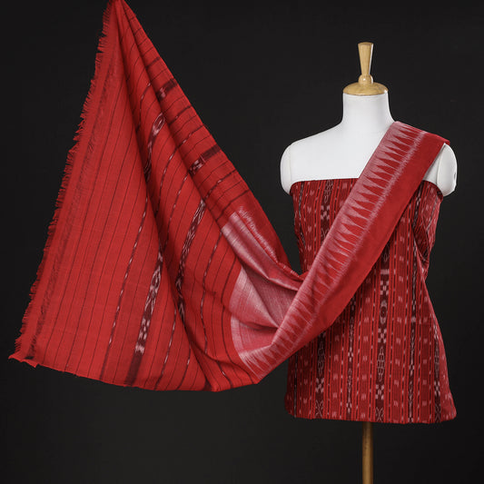 Red - 3pc Sambalpuri Handloom Ikat Cotton Suit Material Set