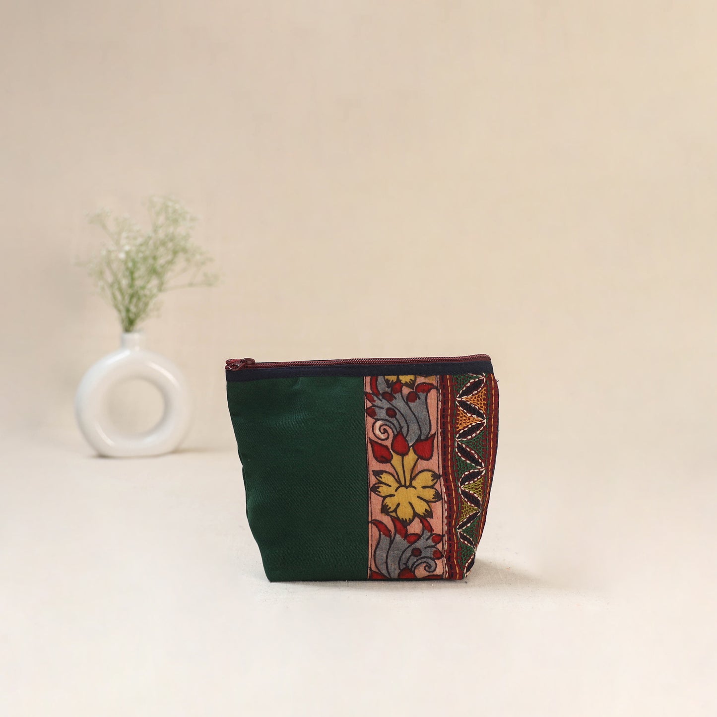 Green - Tagai Work Srikalahasti Kalamkari Handpainted Small Utility Pouch 123