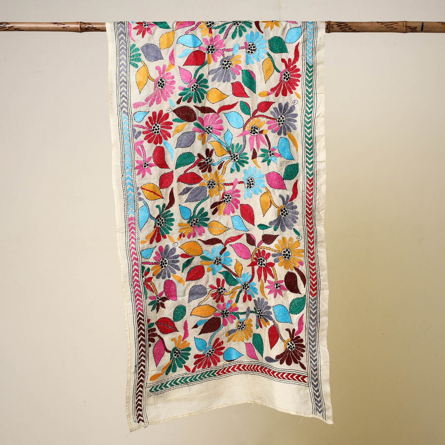 Multicolor - Bengal Kantha Embroidery Tussar Silk Handloom Stole