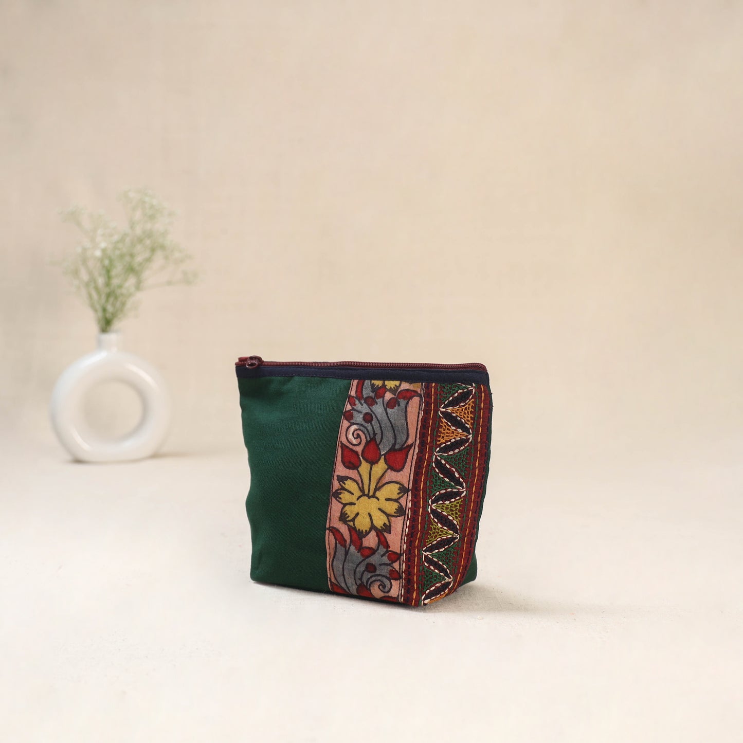 Green - Tagai Work Srikalahasti Kalamkari Handpainted Small Utility Pouch 123