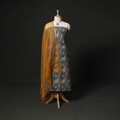 Ajrakh Hand Block Print Natural Dyed 2pc Cotton Unstitched Dress Material Kurta Set with Jewellery 01