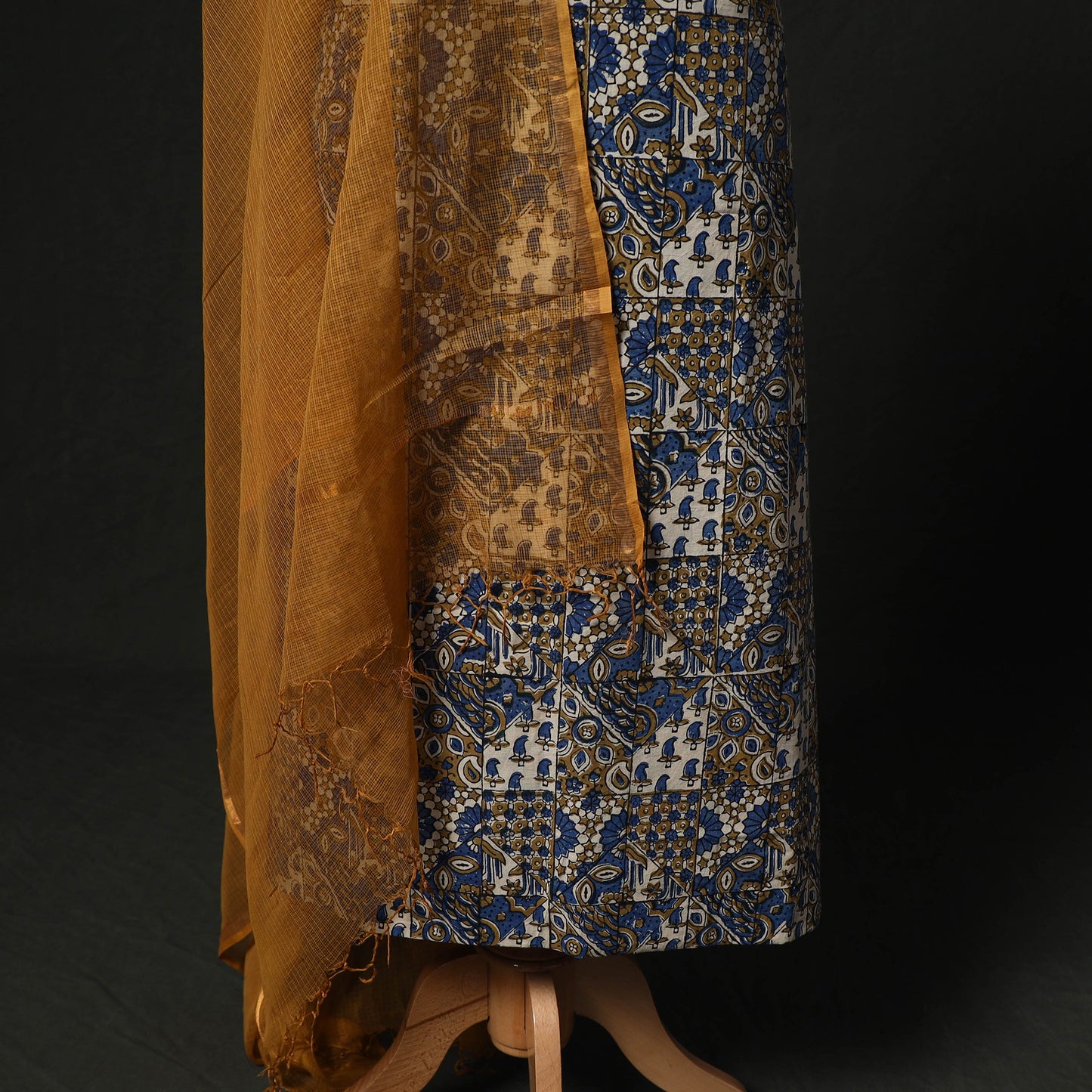 Ajrakh Hand Block Print Natural Dyed 2pc Cotton Unstitched Dress Material Kurta Set with Jewellery 01