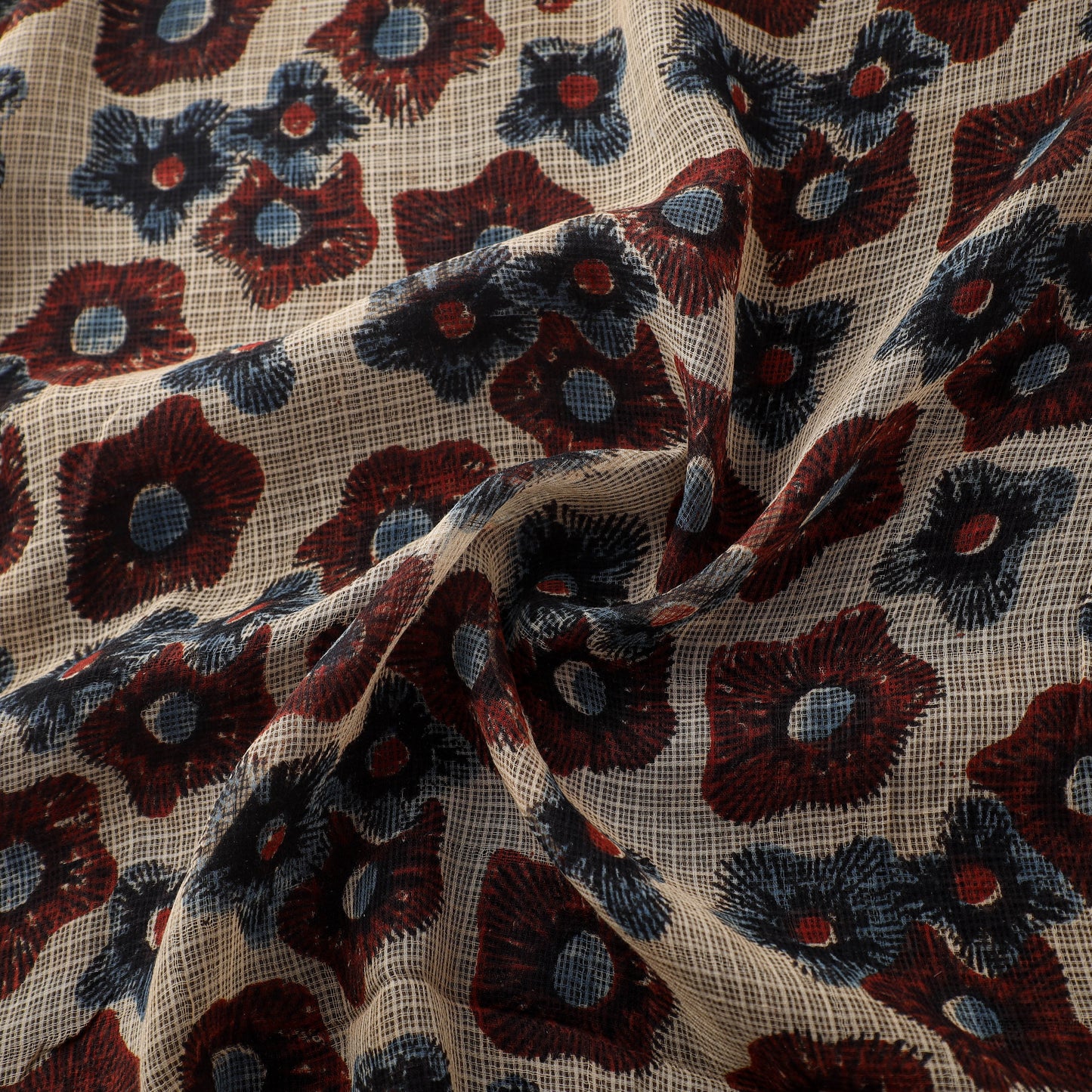 Natural Dyed Ajrakh Hand Block Print Kota Doria Cotton Fabric 02